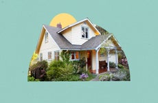 Illustrated collage featuring a house surrounded by greenery