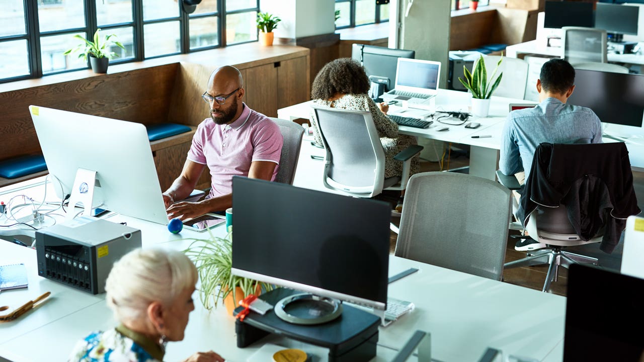 people working on computers in an office