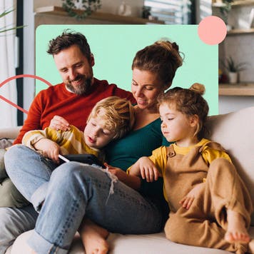 Illustrated collage featuring a family sitting together on a couch