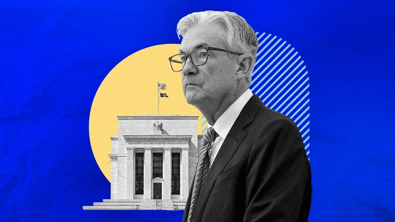 Jerome Powell juxtaposed against an illustrated artistic background