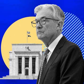 Jerome Powell juxtaposed against an illustrated artistic background