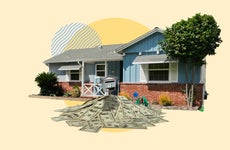 Illustrated collage featuring a house with money pouring from the front door