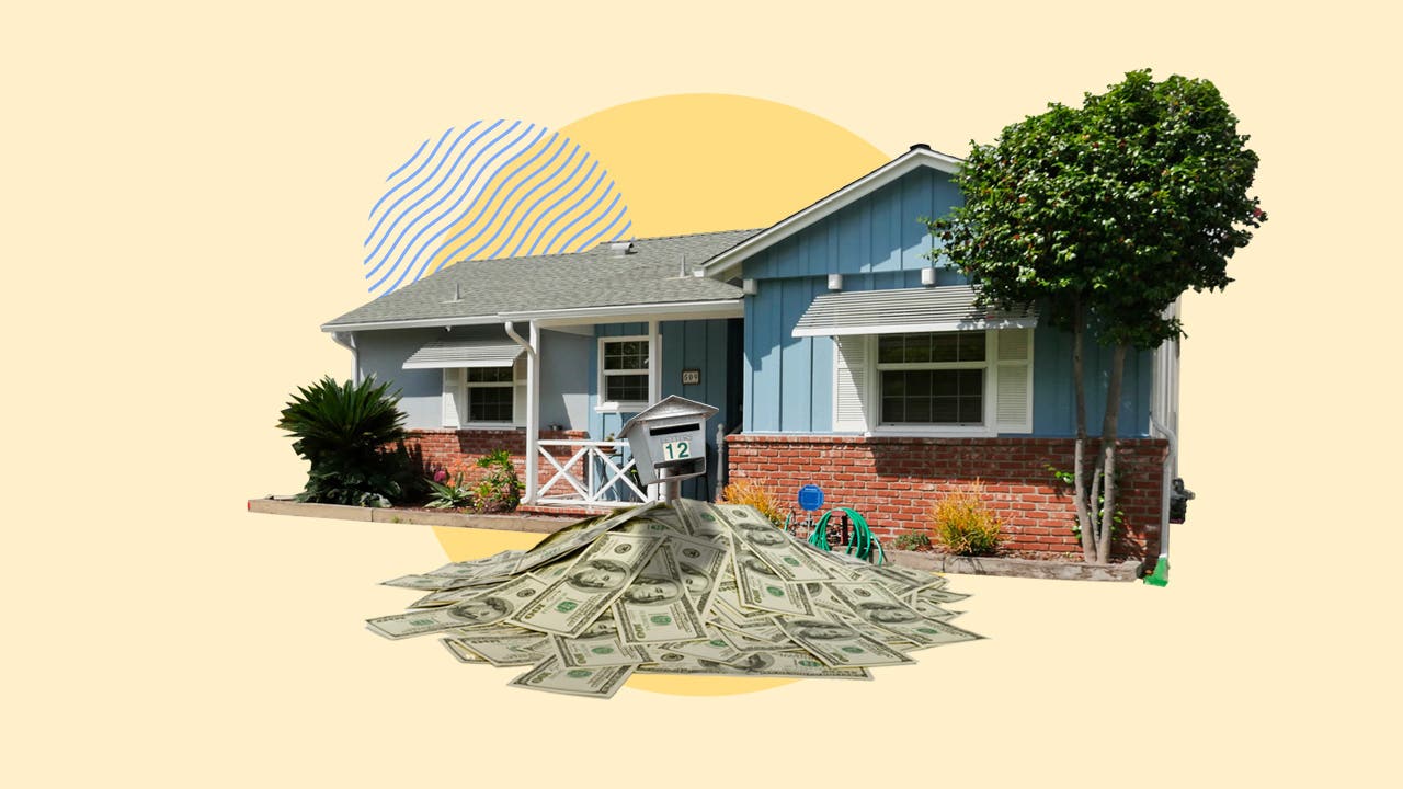 Illustrated collage featuring a house with money pouring from the front door