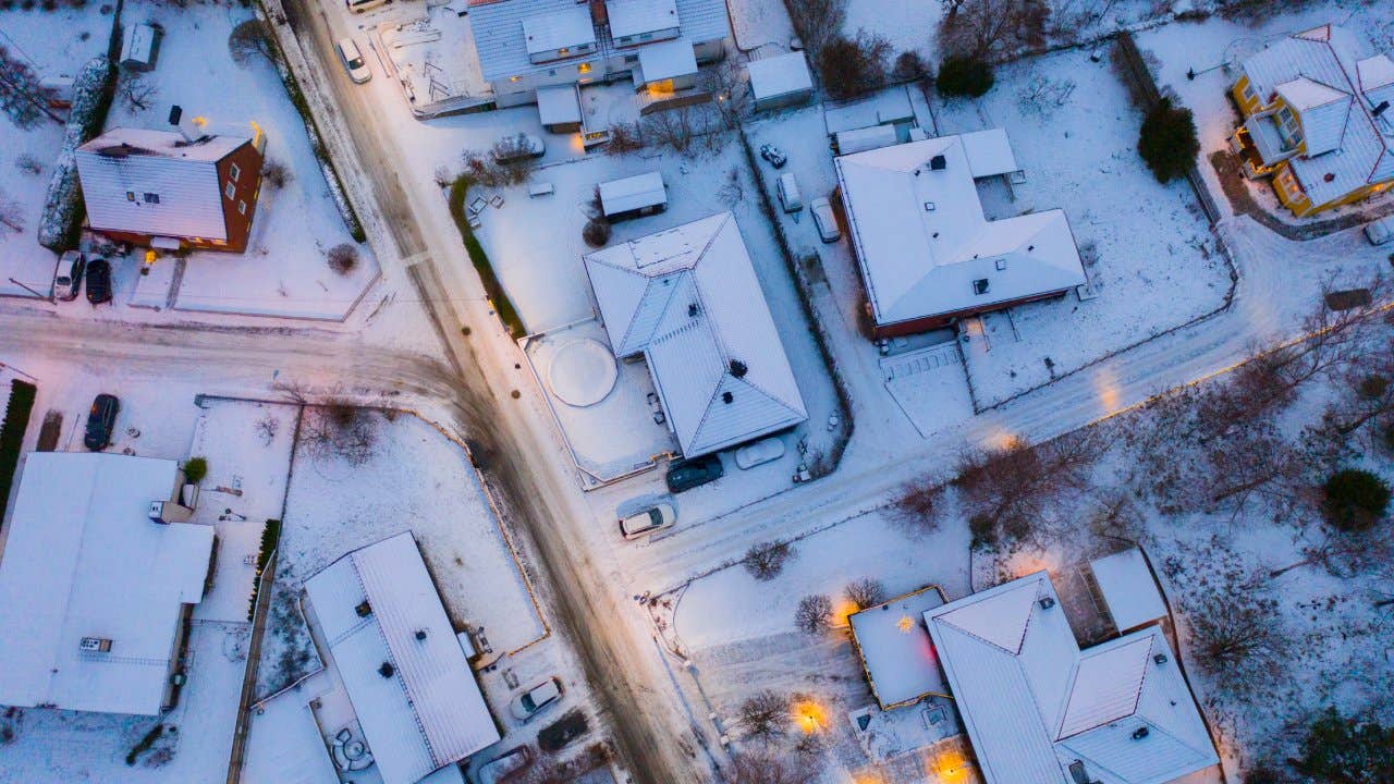 Aerial image of a town during the winter