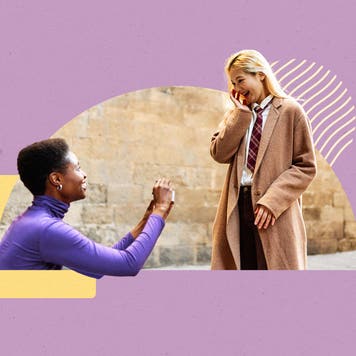 Man proposing to woman with geometric shape illustration behind them