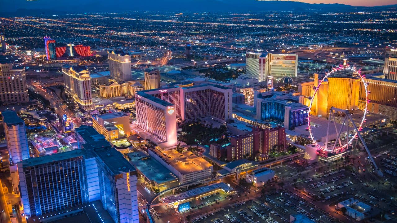 Aerial view of illuminated cityscape, Las Vegas, Nevada, United States