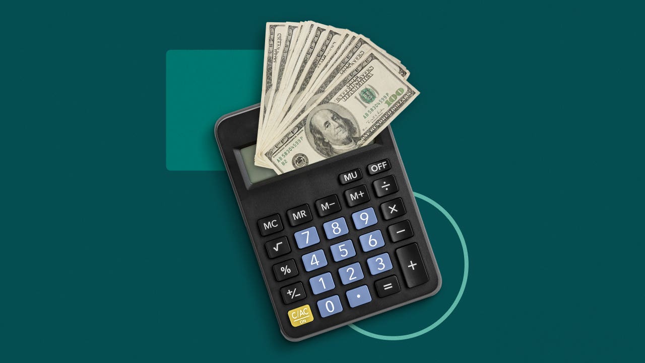 Illustration of a calculator and cash against a green background