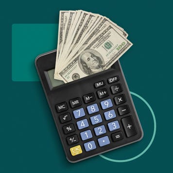 Illustration of a calculator and cash against a green background.