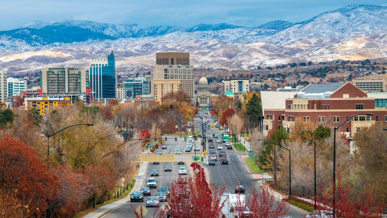 Boise , Idaho downtown with snow on the mountaintops