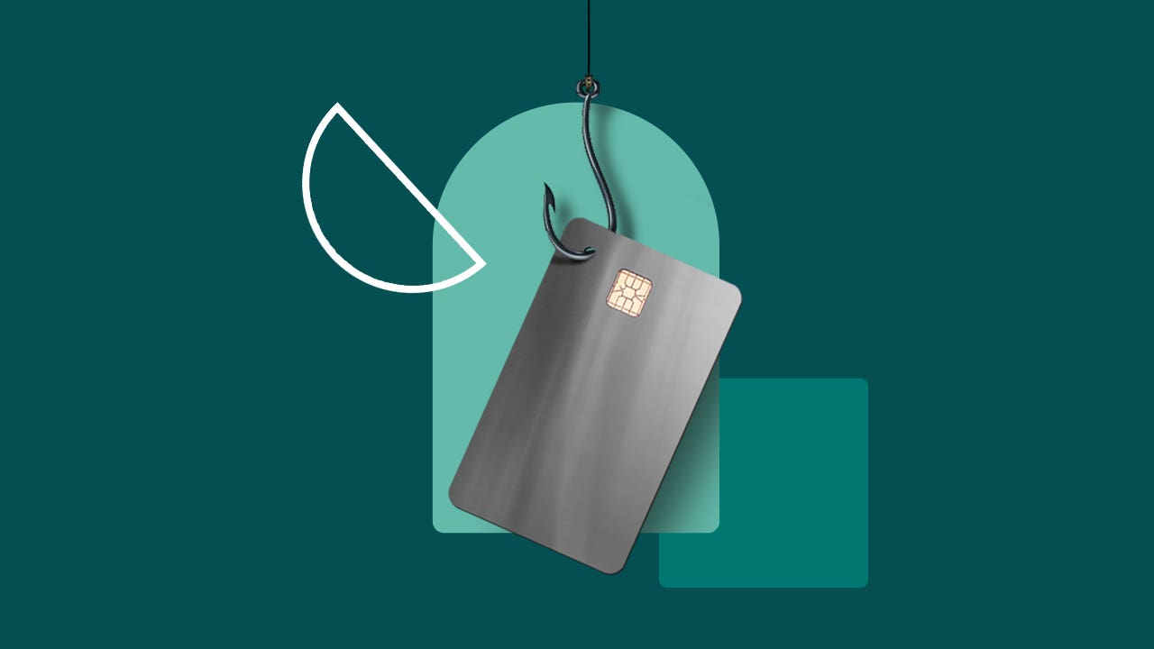 Stylized illustration of a credit card with a fish hook through it as an allusion to the common fraudster practice of phishing.