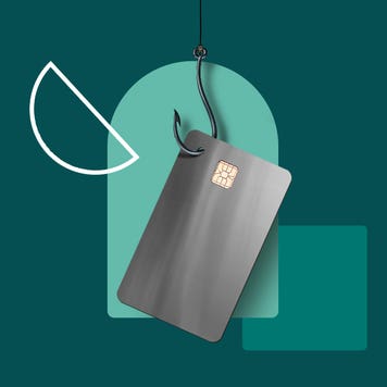 Stylized illustration of a credit card with a fish hook through it as an allusion to the common fraudster practice of phishing.