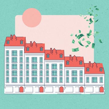 Image of town houses with money falling from the sky