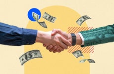 Illustration of a handshake with money in the background