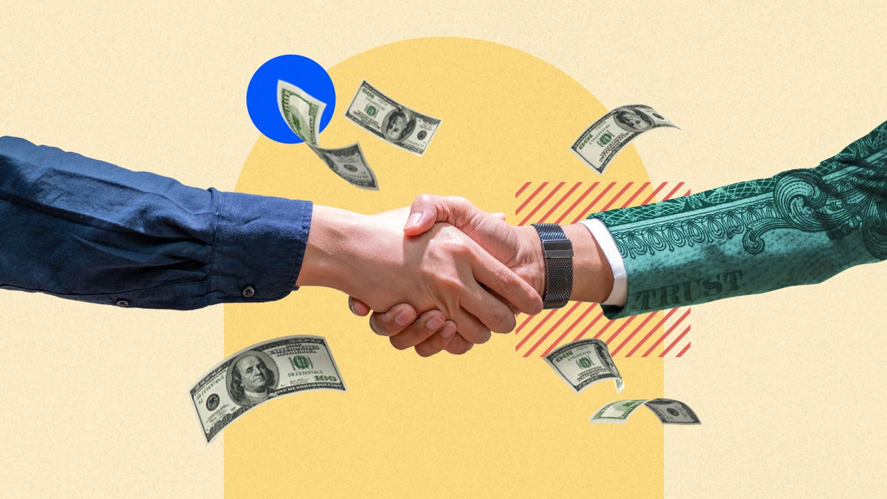Illustration of a handshake with money in the background