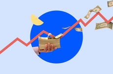 A hand holding a stack of money, but it is blowing out of their hand and along the path of a superimposed graph line that runs across the image in an upward trend