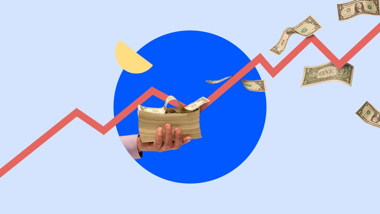A hand holding a stack of money, but it is blowing out of their hand and along the path of a superimposed graph line that runs across the image in an upward trend