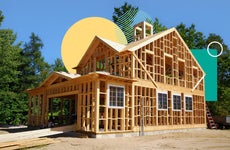 photo illustration of framed-out new home being built