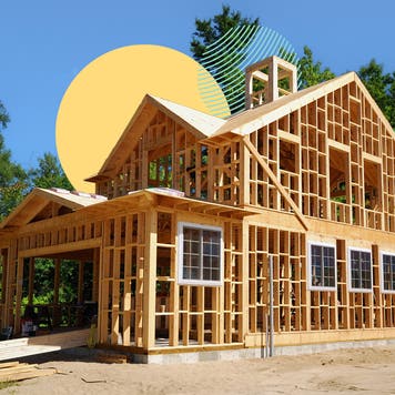 photo illustration of framed-out new home being built