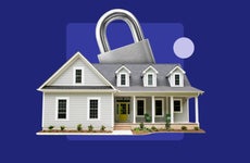 Picture of a home with an enlarged padlock behind it representing a home or residence locked down in escrow.
