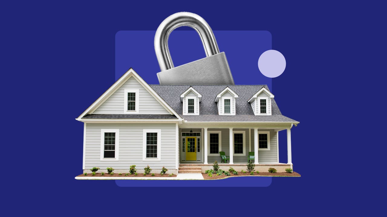 Picture of a home with an enlarged padlock behind it representing a home or residence locked down in escrow.
