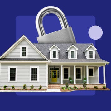 Picture of a home with an enlarged padlock behind it representing a home or residence locked down in escrow.