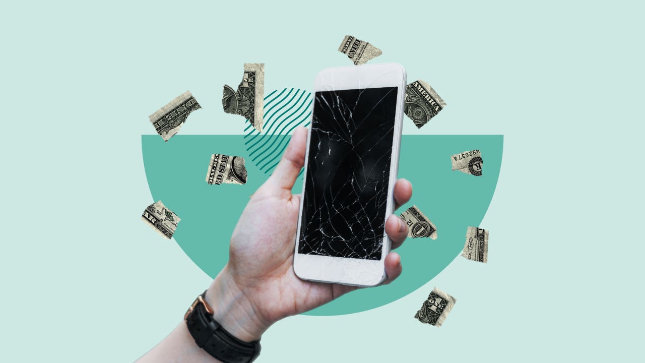 Stylized image of a hand holding a smartphone with a cracked screen.