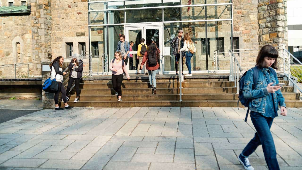 Multi-ethnic group of students in front of College University entrance.