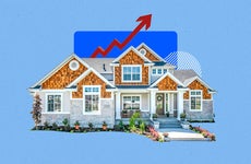 Illustrated image of a house with graphics in the background hinting at rising rates
