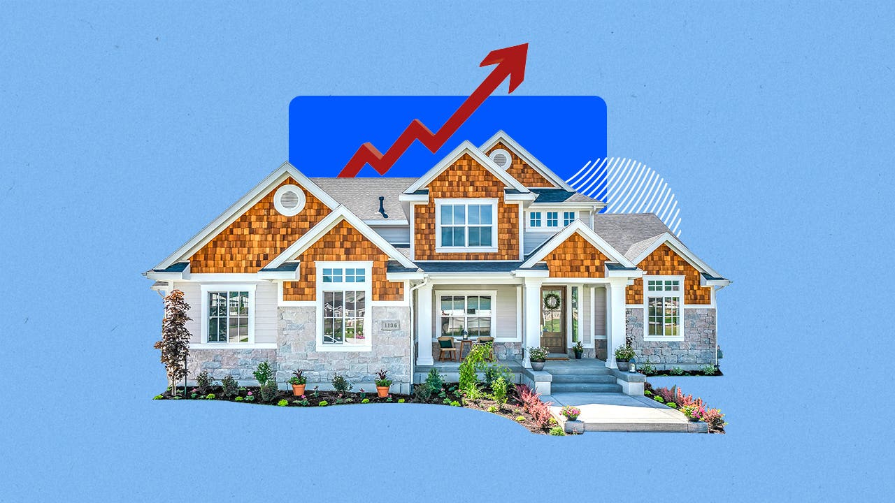 Illustrated image of a house with graphics in the background hinting at rising rates