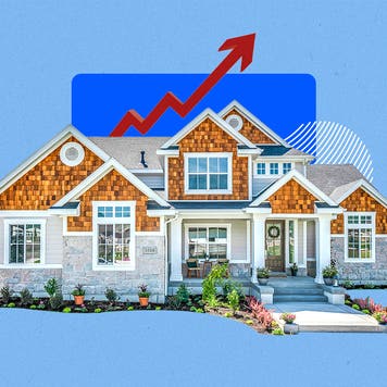 Illustrated image of a house with graphics in the background hinting at rising rates