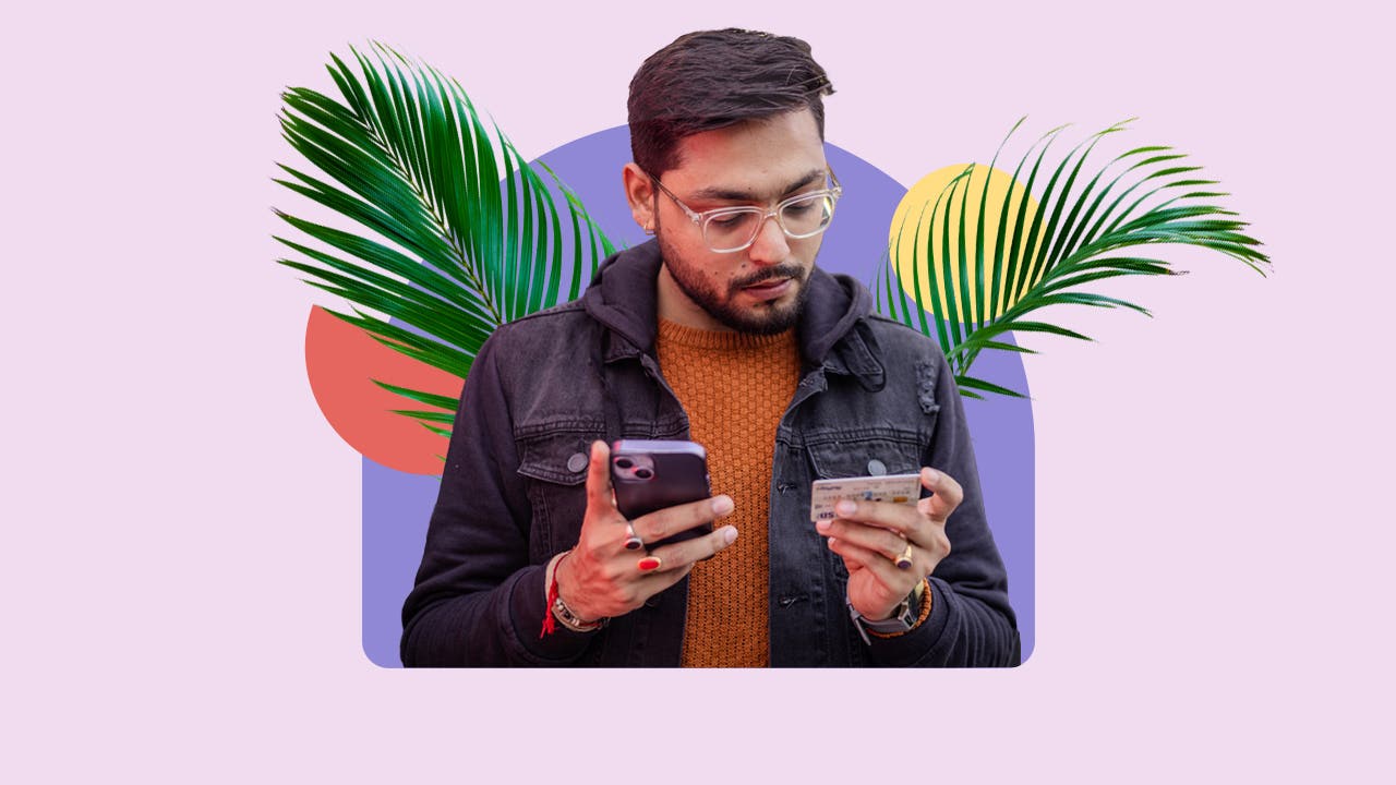 design image of a man holding a phone and credit card in his hands with figures and palm trees in the background