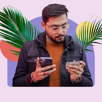 design image of a man holding a phone and credit card in his hands with figures and palm trees in the background
