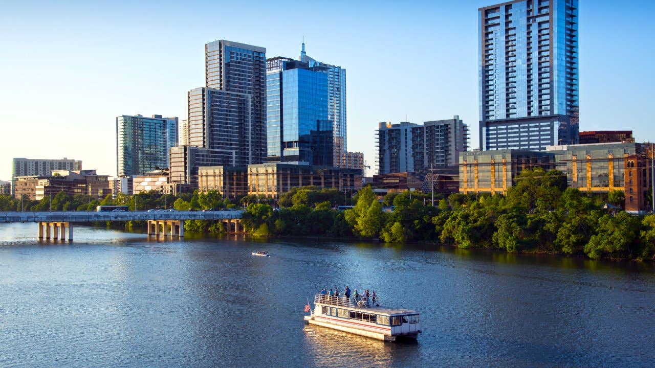 Lady Bird Lake is a water reservoir on the Colorado River in downtown Austin and very popular with recreational boaters and tour boats viewing the waterfront.