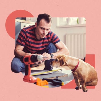 Illustrated image with a man and a dog