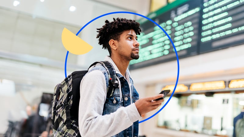 design element a man holding his cellphone inside an airport with a circle outline around him