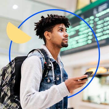 design element a man holding his cellphone inside an airport with a circle outline around him