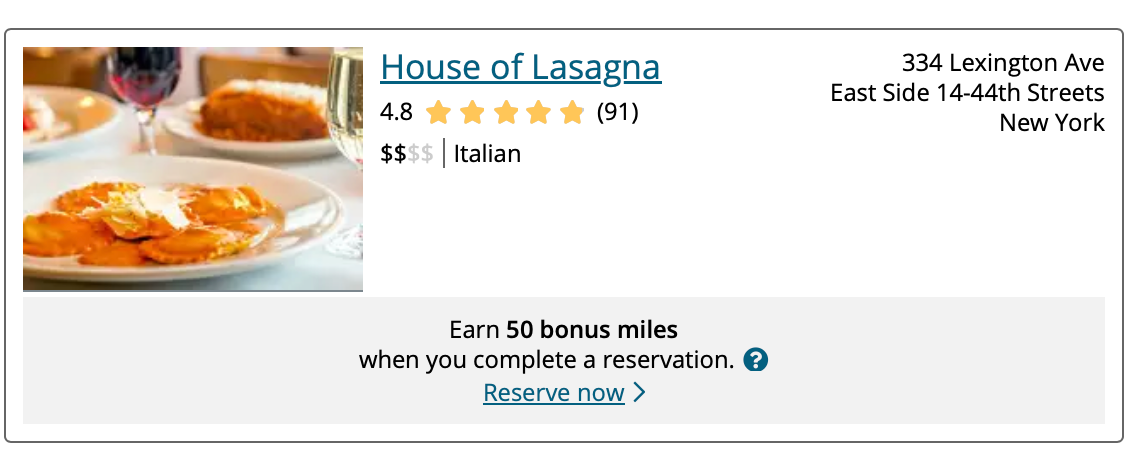 Reciba millas de bonificación con restaurantes seleccionados en el programa.