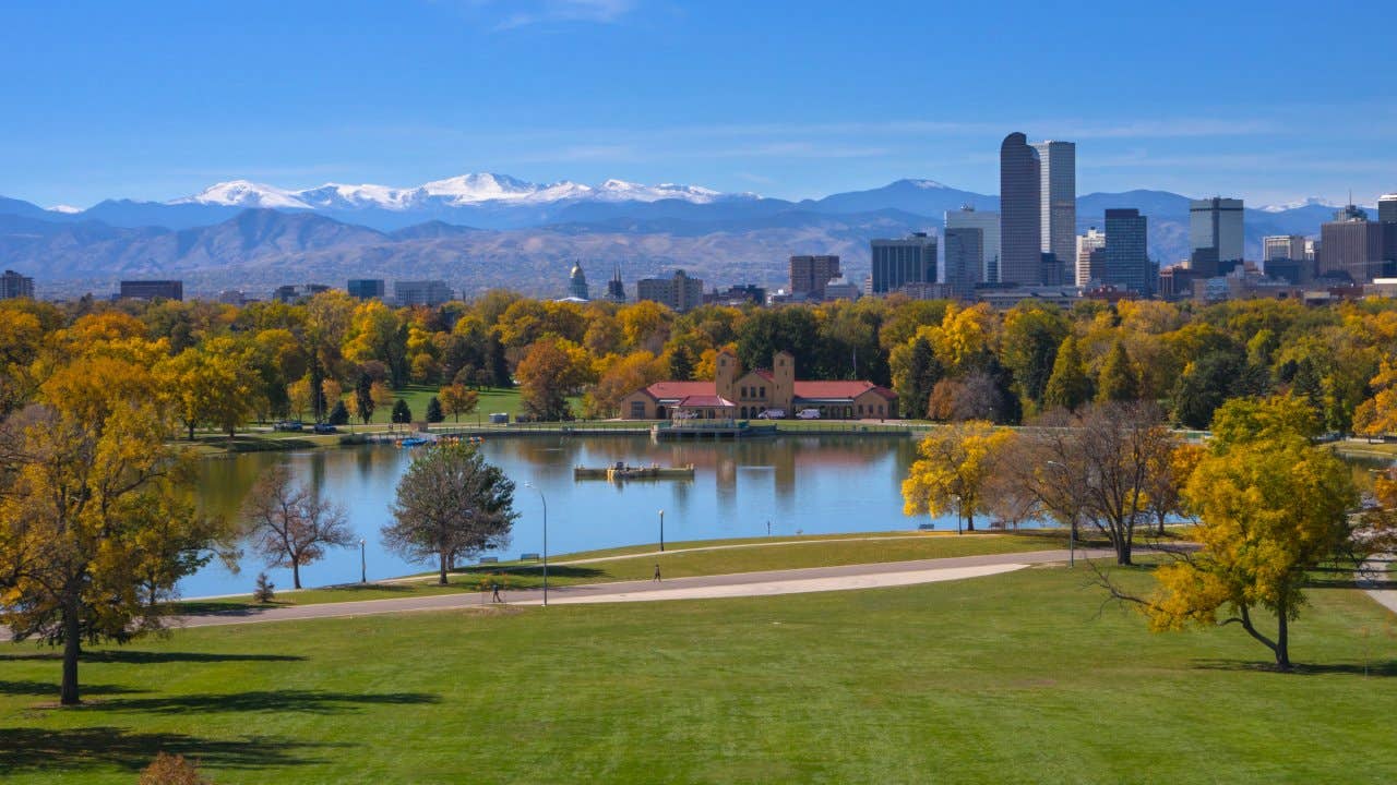 View of Denver Downtown Skyline, Colorado in Fall Season from City Park