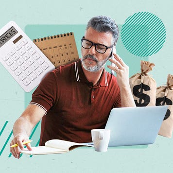 A man reviewing papers while on the phone with illustrated calculator behind him