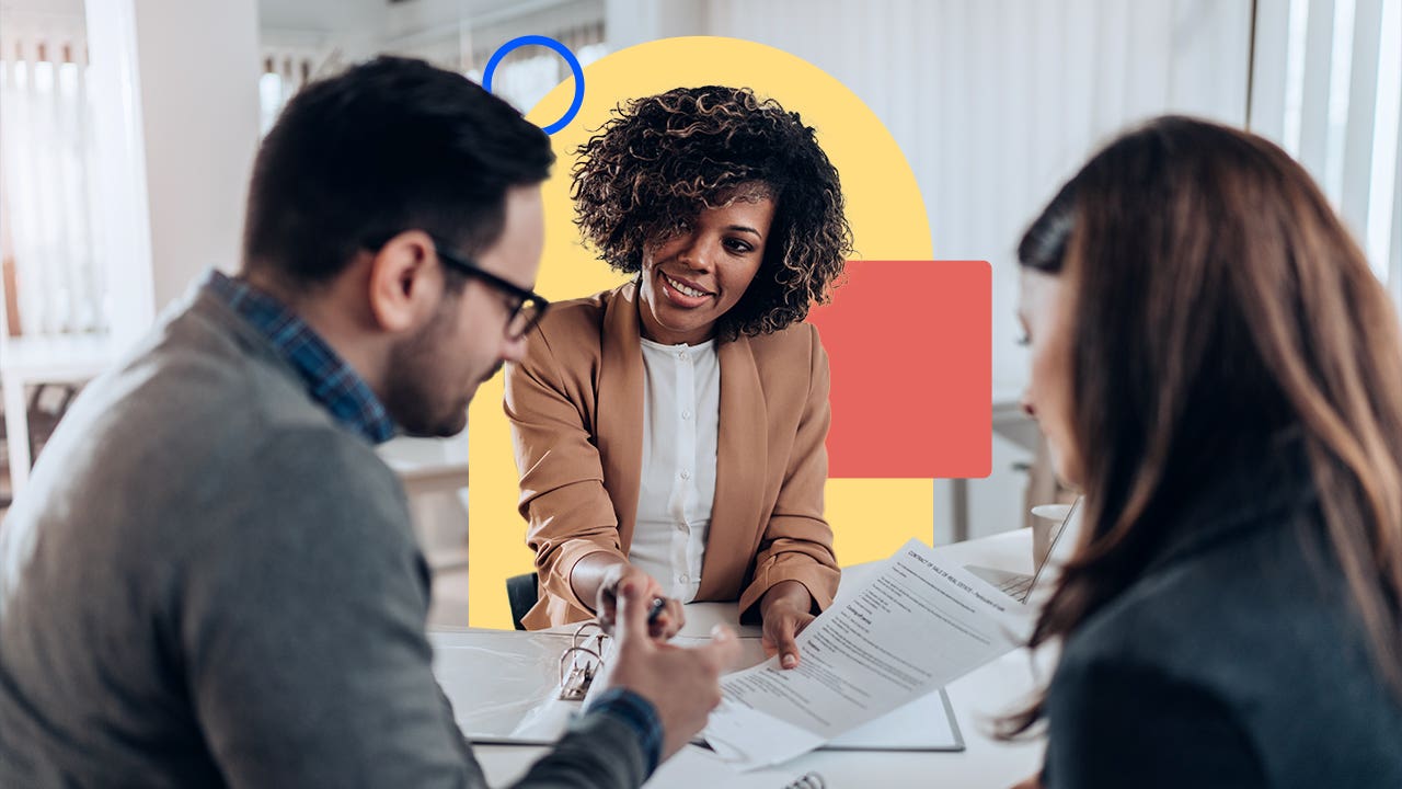 Agent reviewing documents with illustrations in the background