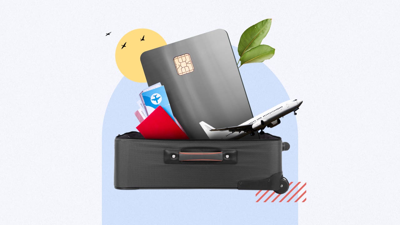 design element of an off white background and a an open suitcase with credit cards and an airplane coming out of it
