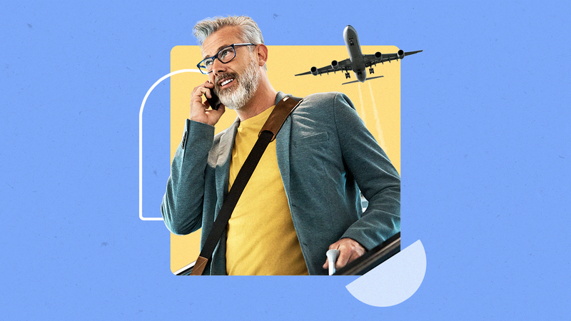 design element of older caucasian man on the phone and an airplane in the background