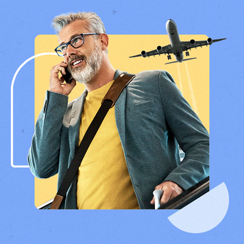 design element of older caucasian man on the phone and an airplane in the background
