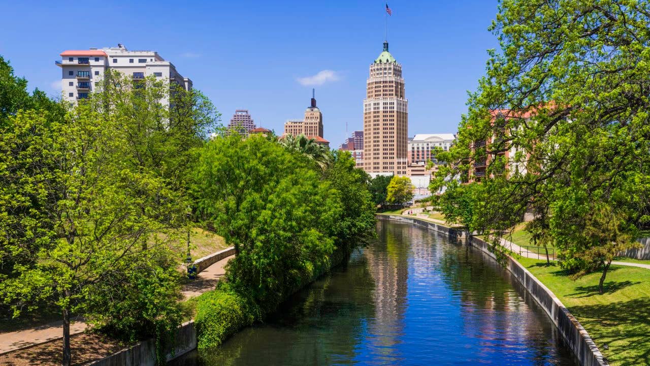 San Antonio Texas, park walkway along scenic canal