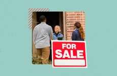 Illustrated collage featuring three people having a conversation outside of a home with a large "For Sale" image