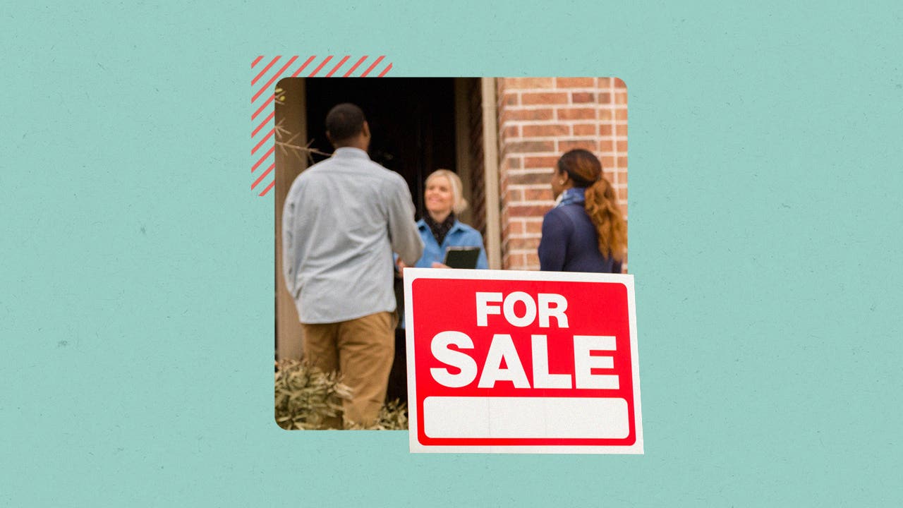 Illustrated collage featuring three people having a conversation outside of a home with a large "For Sale" image