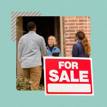 Illustrated collage featuring three people having a conversation outside of a home with a large "For Sale" image