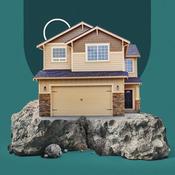 photo illustration of house on edge of cliff with blue-green background