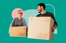 Illustrated image with two people carrying boxes