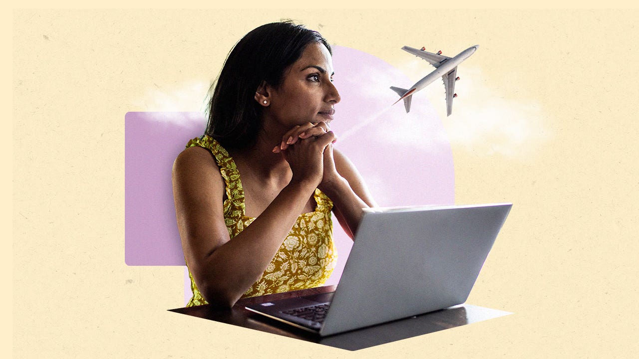 design element of a woman with hands resting on chin on a laptop and an airplane in the right corner
